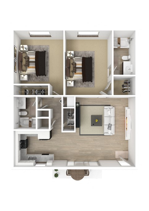 Two bedrooms two bathrooms apartment floorplan